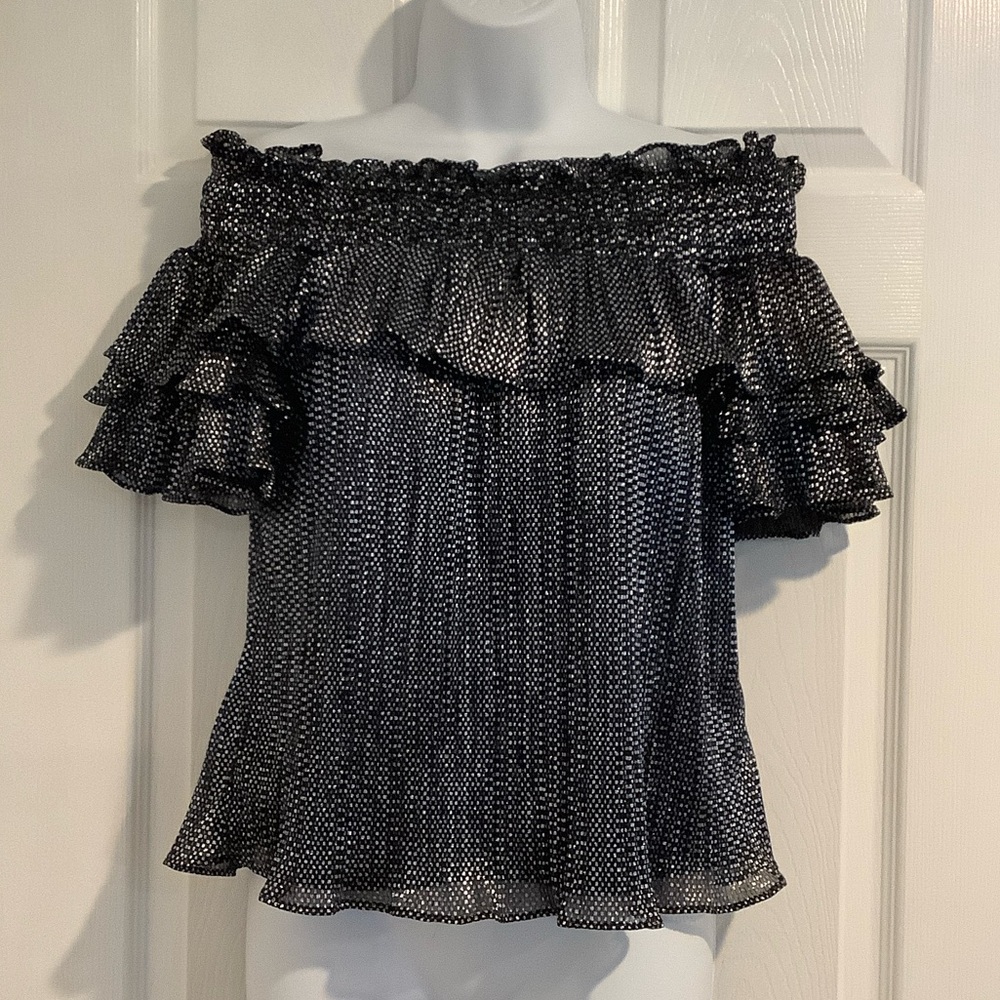 PARKER Women’s Metallic Overlay Ruffled Off The Shoulder Flowy Glam Blouse Top S